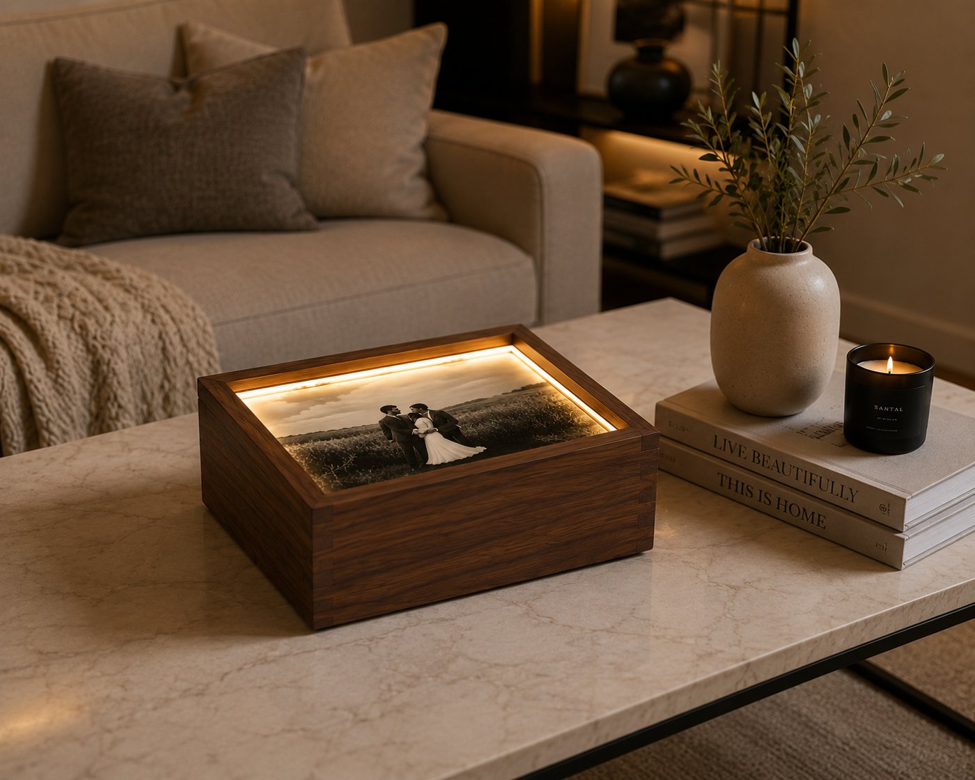 Glowgrain memory box glowing on a living room table