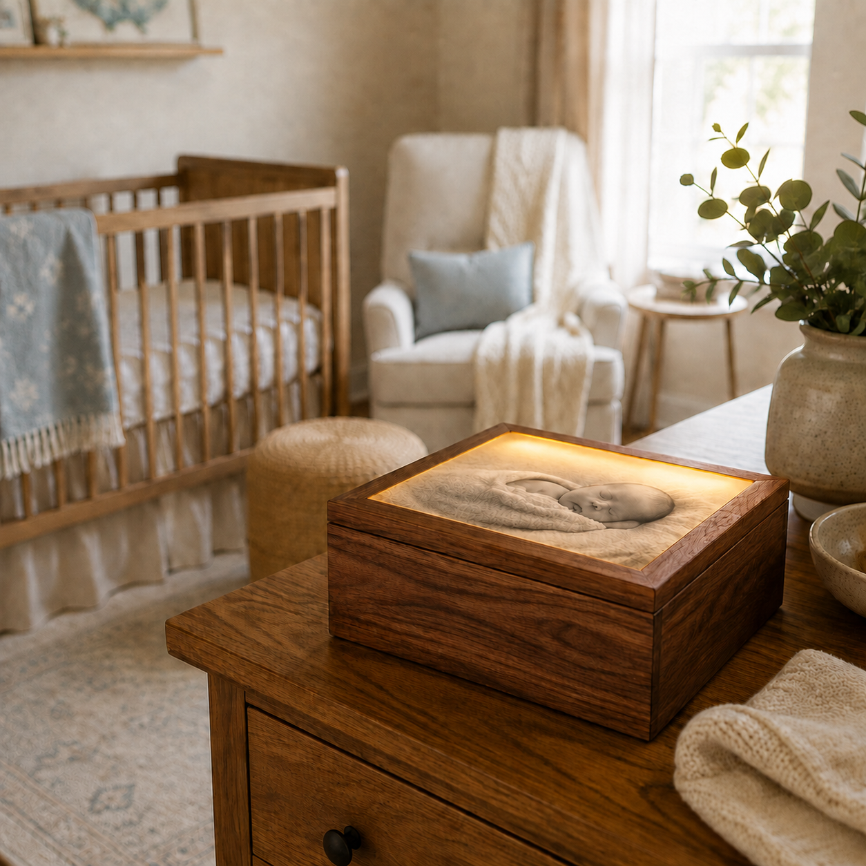 Glowgrain memory box glowing beside a baby's crib in a nursery