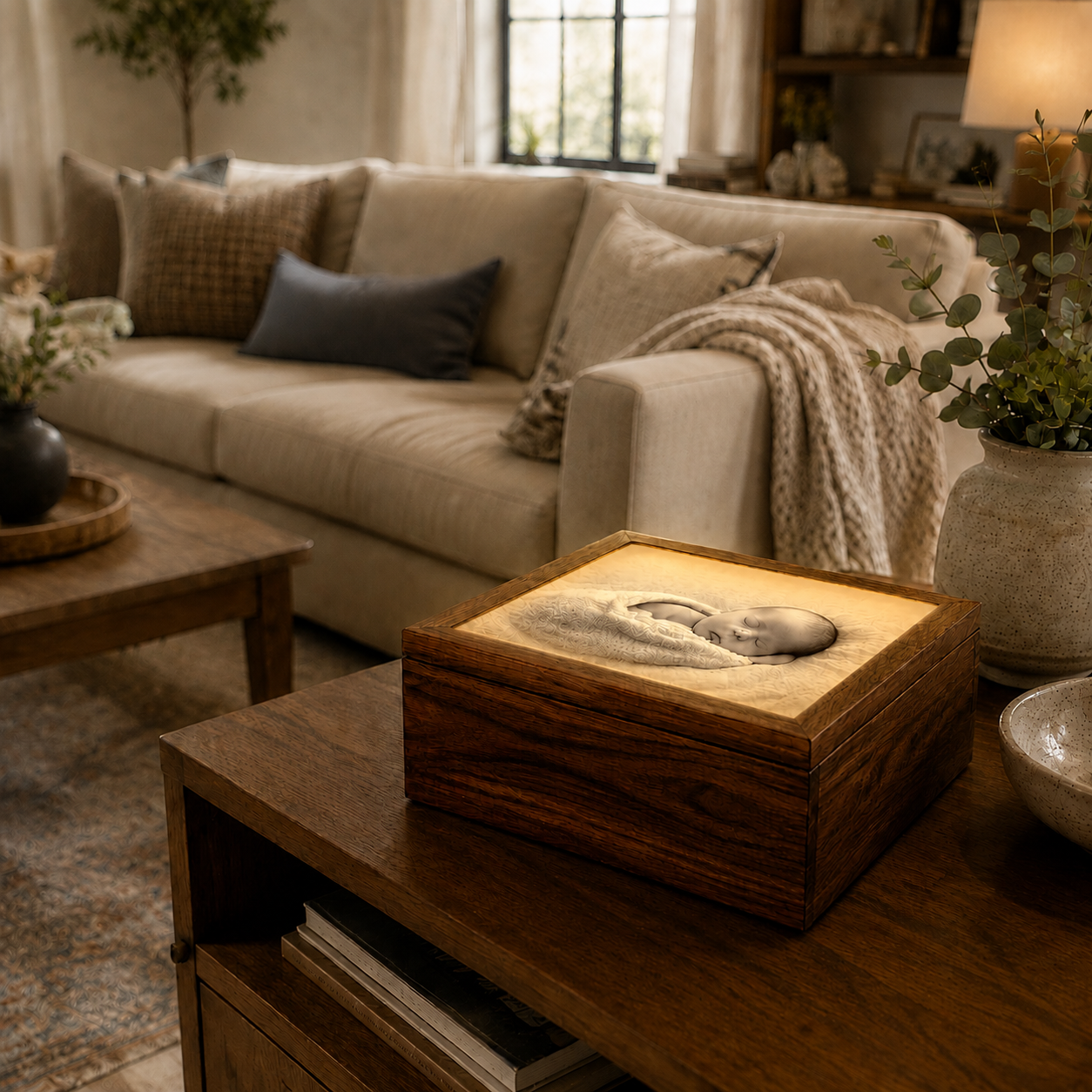 Glowgrain memory box glowing on a coffee table in a living room, baby photo engraved on the lid